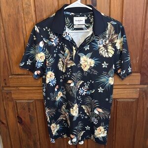 Goodfellow & Co Men's Navy Floral Toucan Short Sleeve Polo Shirt Size Small